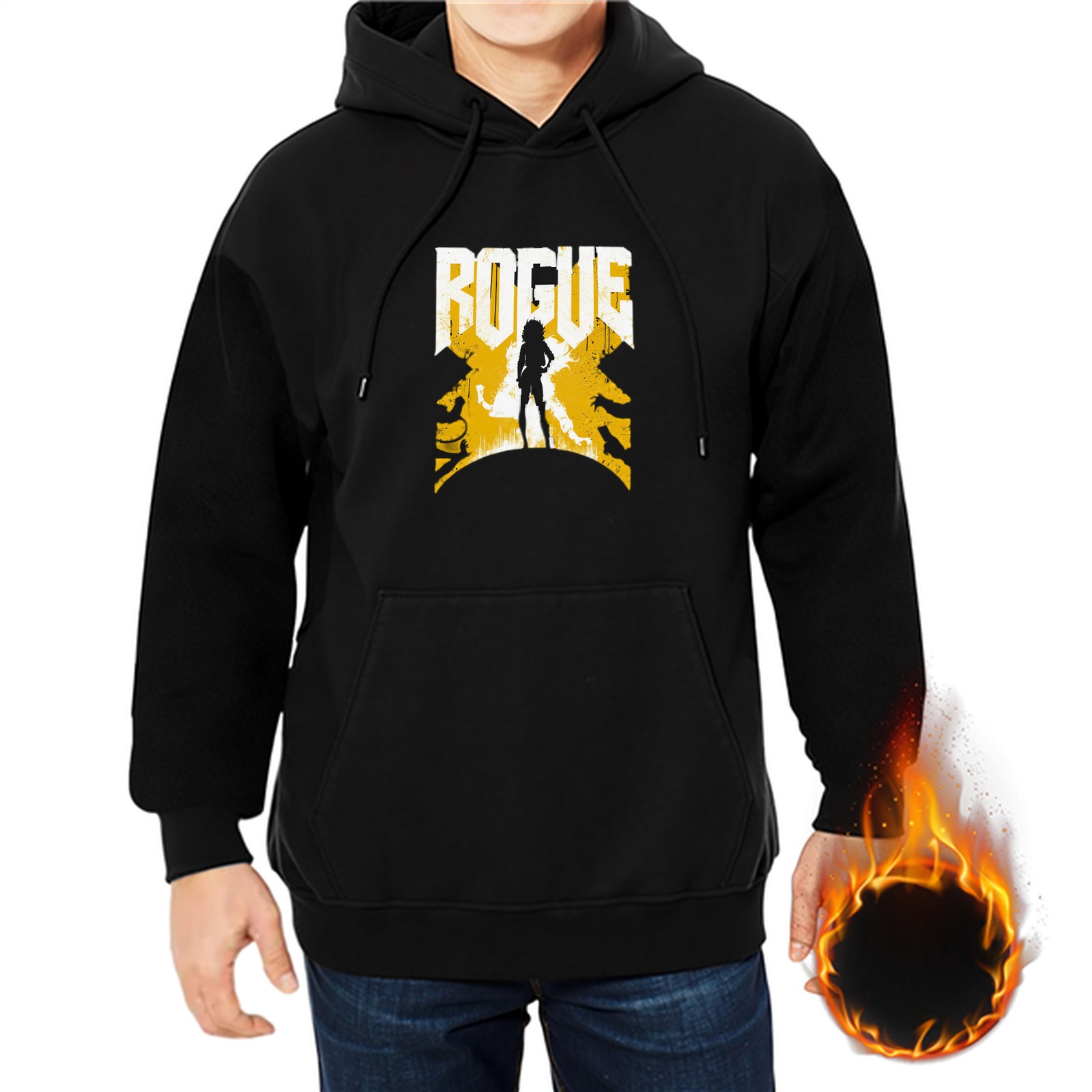 Black Hoodie With Rogue Silhouette Graphic Design