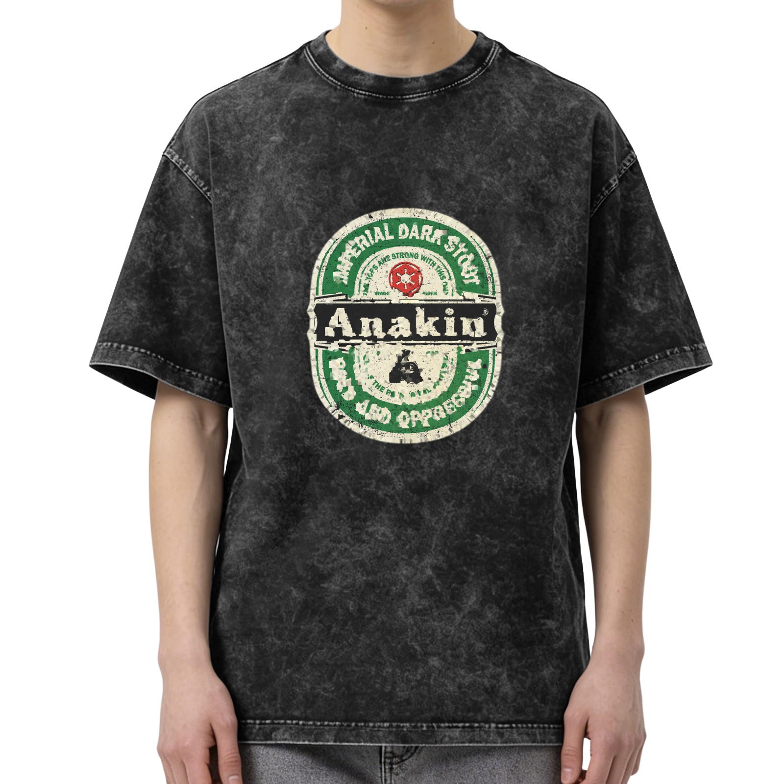 Distressed washed black Anakin themed printed short-sleeved T-shirt