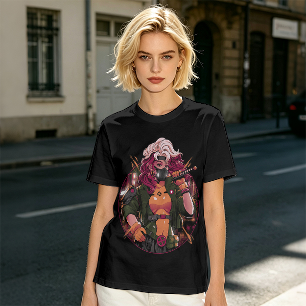 Olive T-Shirt with Anime Cyberpunk Female Warrior Print