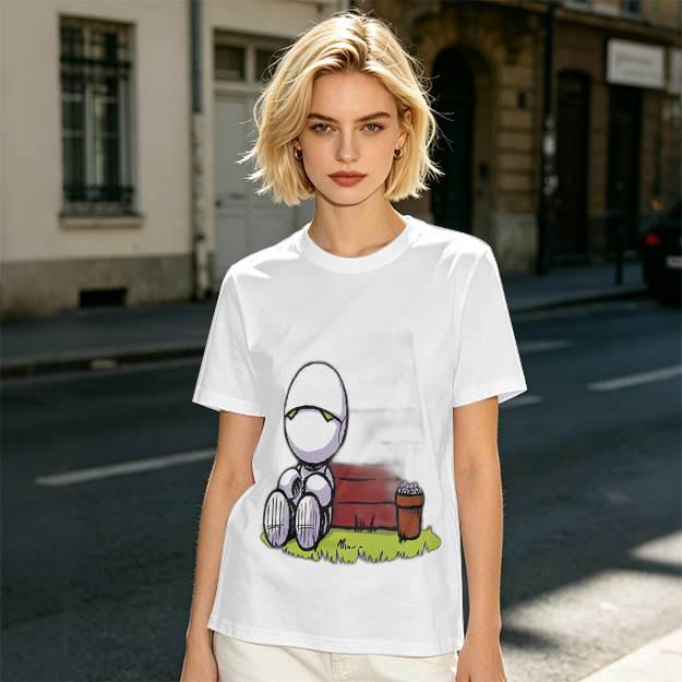 Olive T-Shirt With Sad Sitting Robot Graphic Print