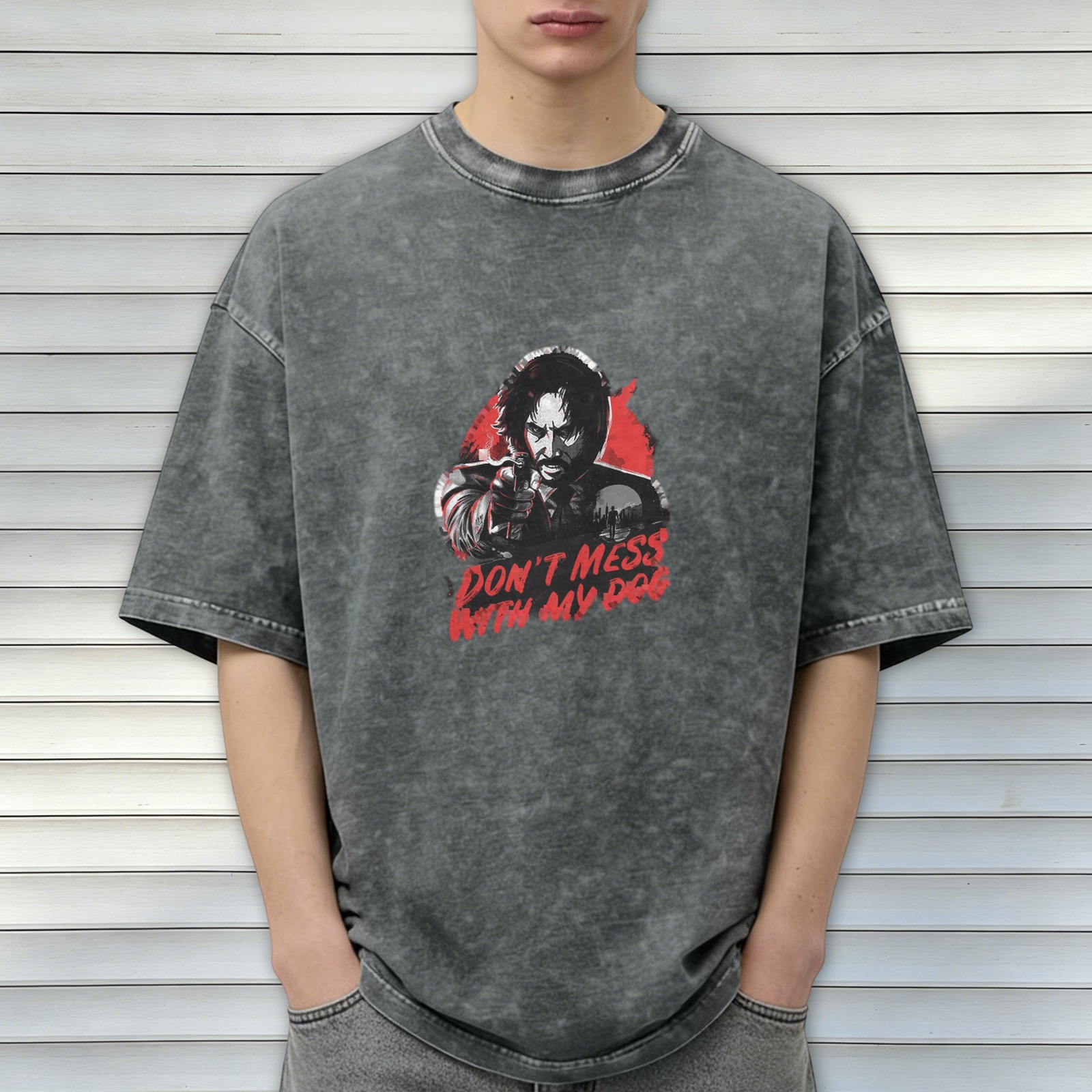 John Wick themed distressed washed black short-sleeved T-shirt Fun slogan 