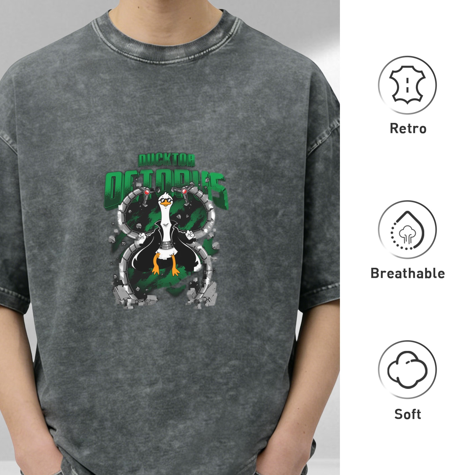 Oversized Dark Wash T-Shirt With Ducktor Octopus Graphic