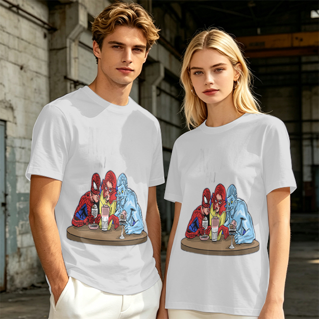 Olive T-Shirt With Superhero Characters Sharing Drinks Print