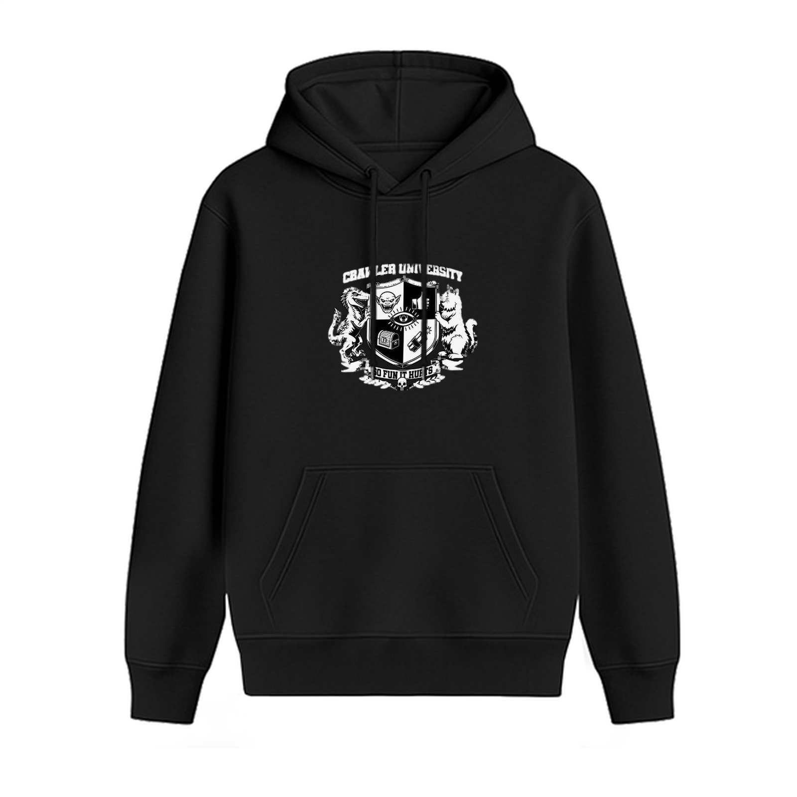 Black hoodie with university crest graphic print