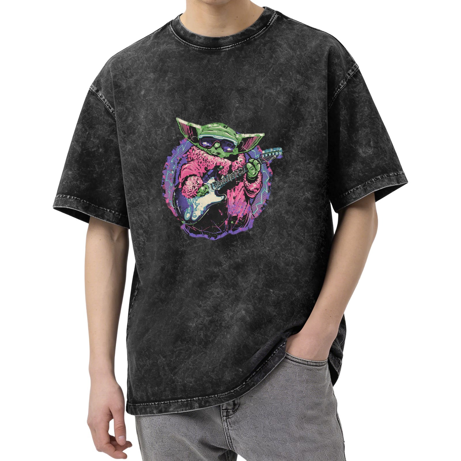 Oversized Acid Wash T-Shirt With Cool Grogu Playing Electric Guitar