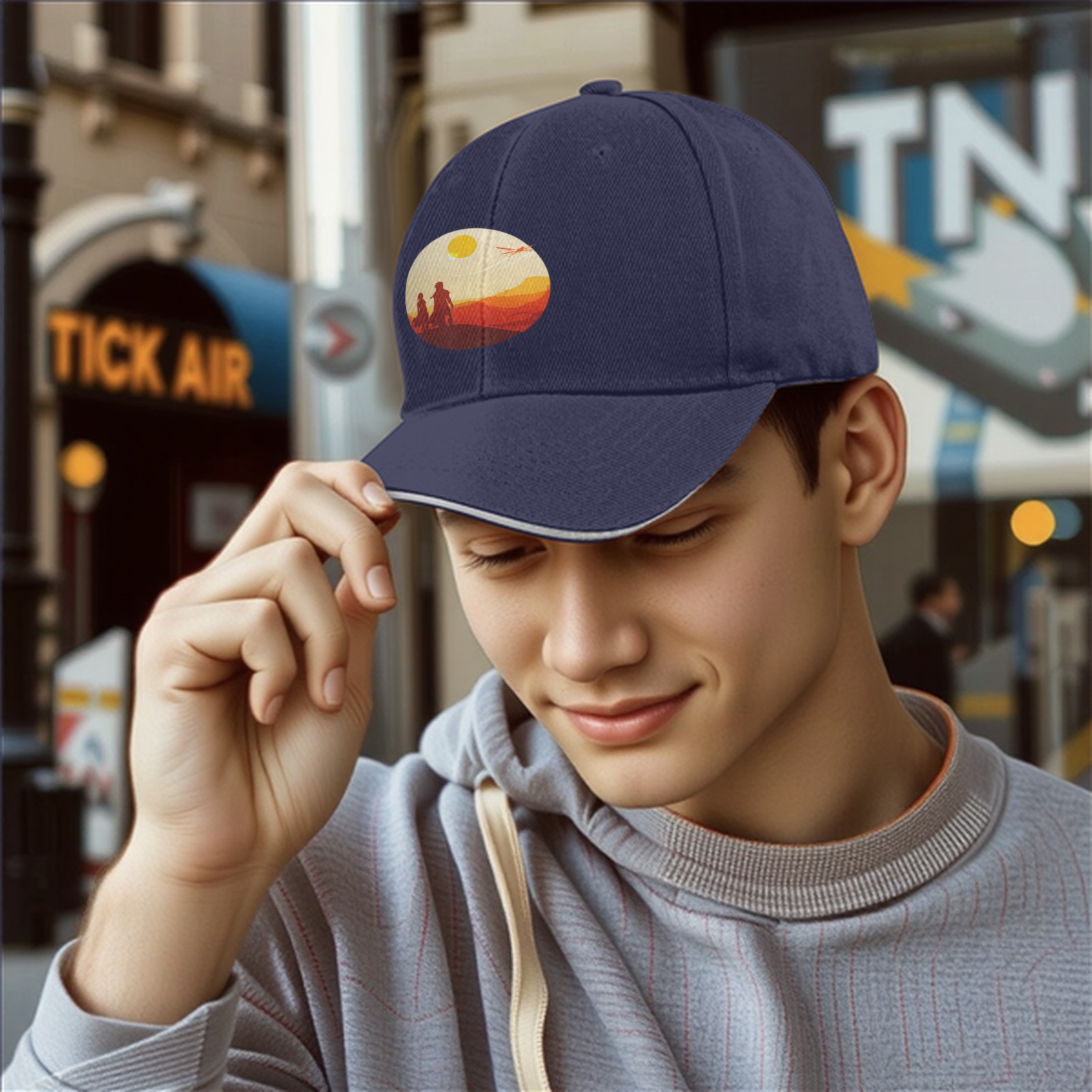 Black baseball cap with desert sunset silhouette print