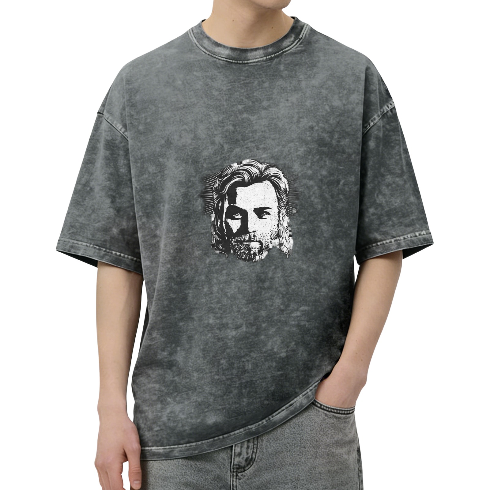 Distressed washed black loose short-sleeved T-shirt with portrait printed on the front