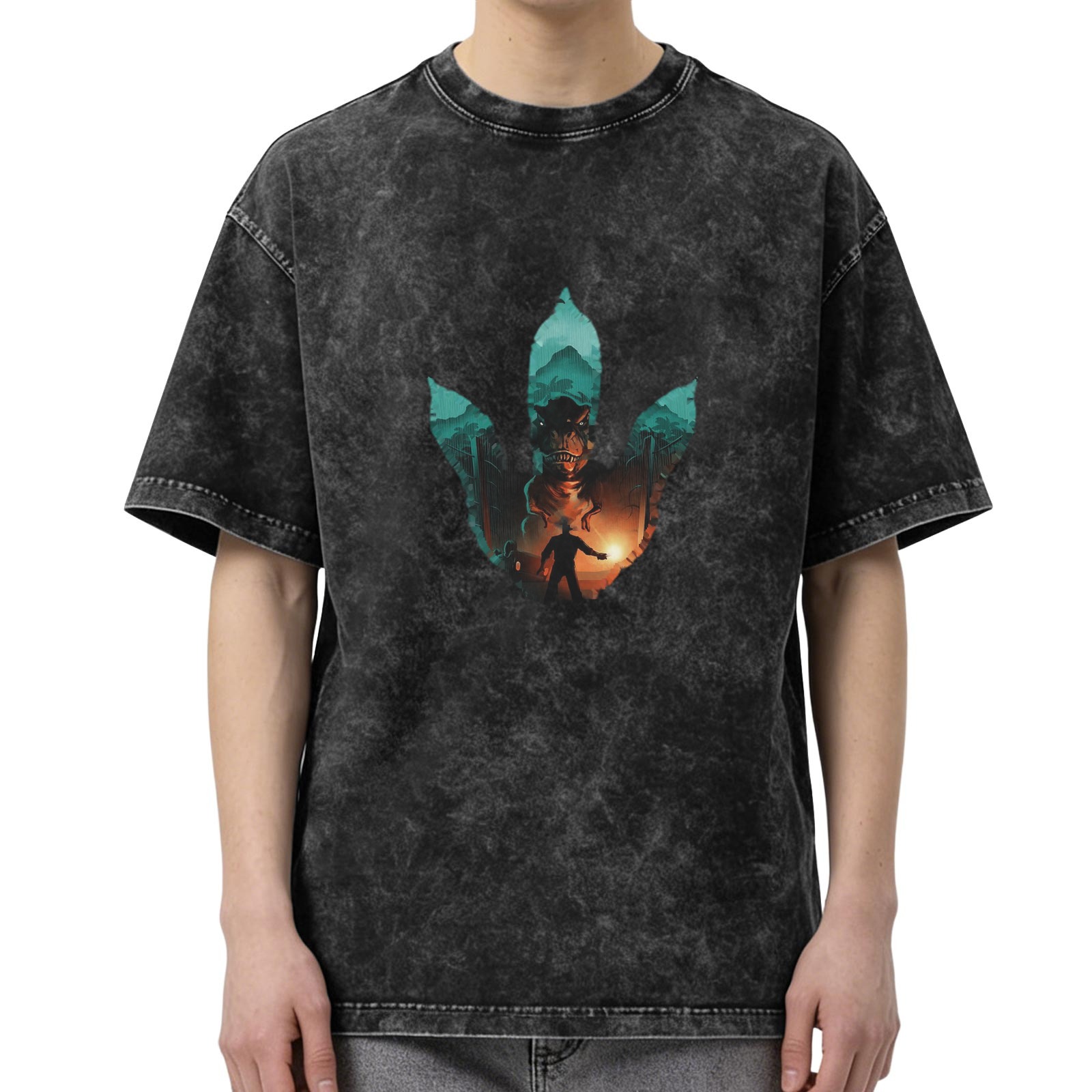 Distressed washed black dinosaur paw print short-sleeved T-shirt