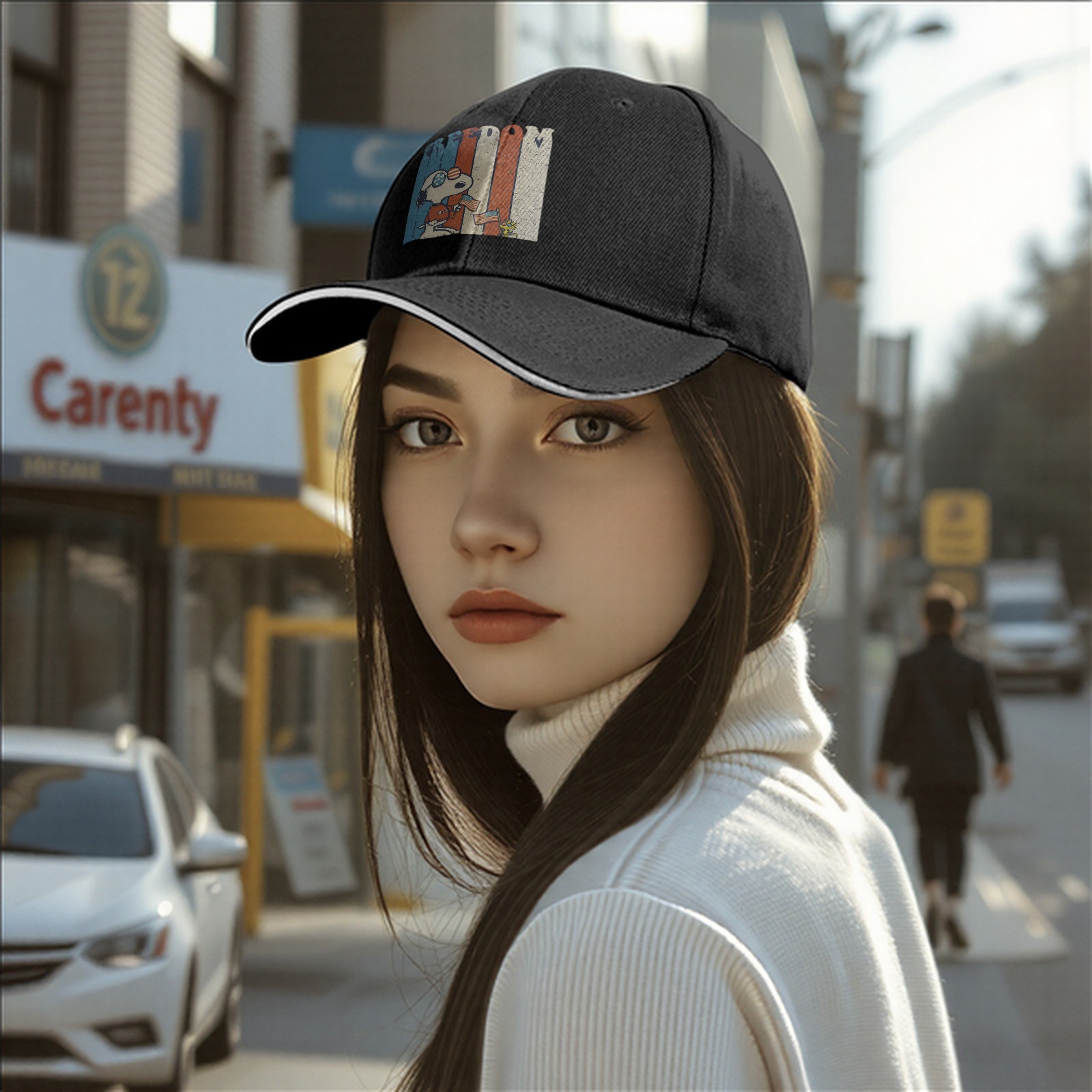 Black baseball cap with Snoopy Freedom patriotic graphic design