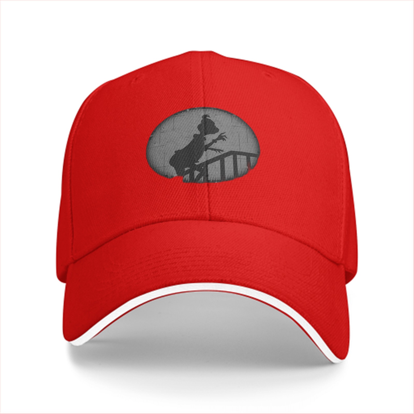 Black baseball cap with Grinch silhouette on staircase design