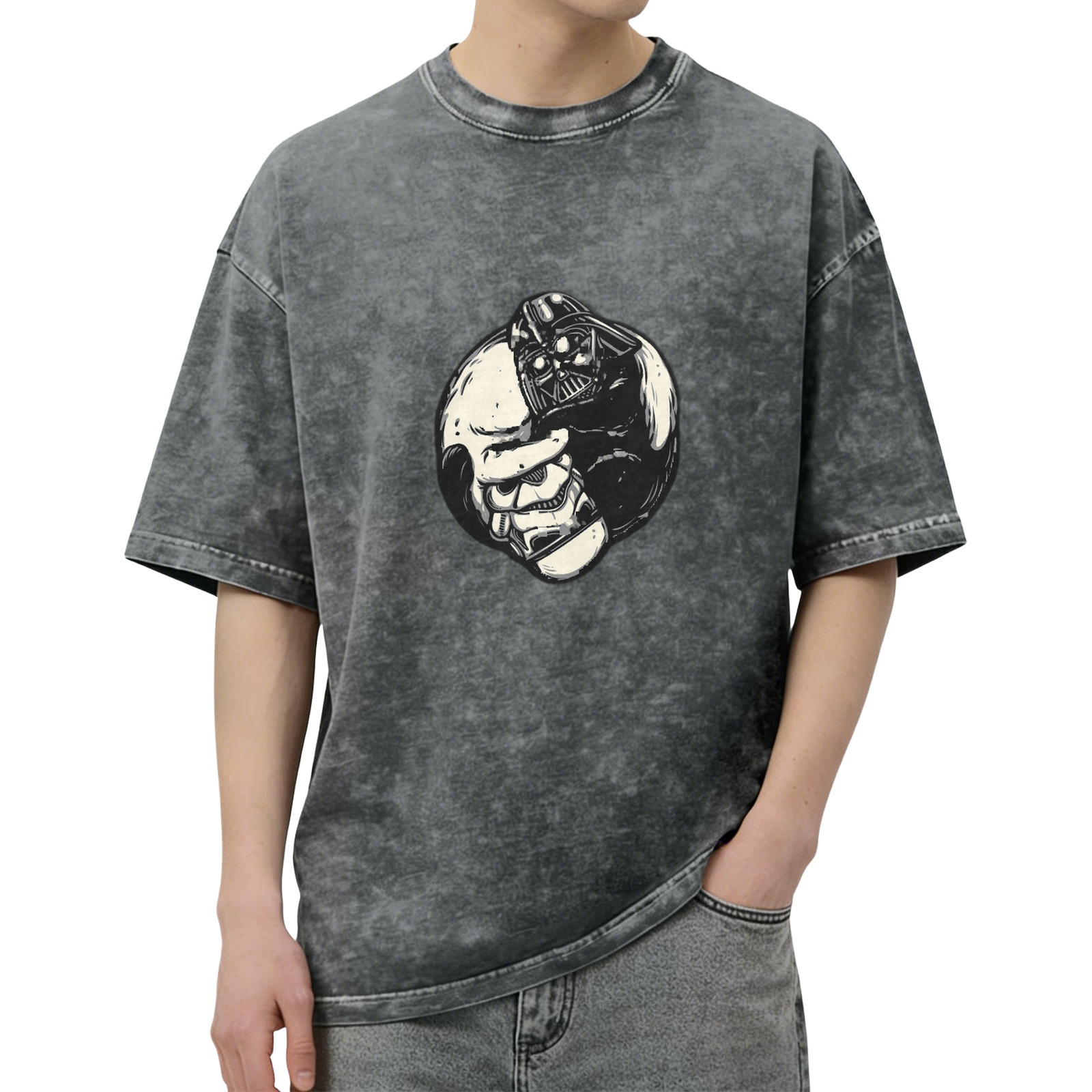 Washed Black Oversized T-Shirt with Split Darth Vader Skull Graphic