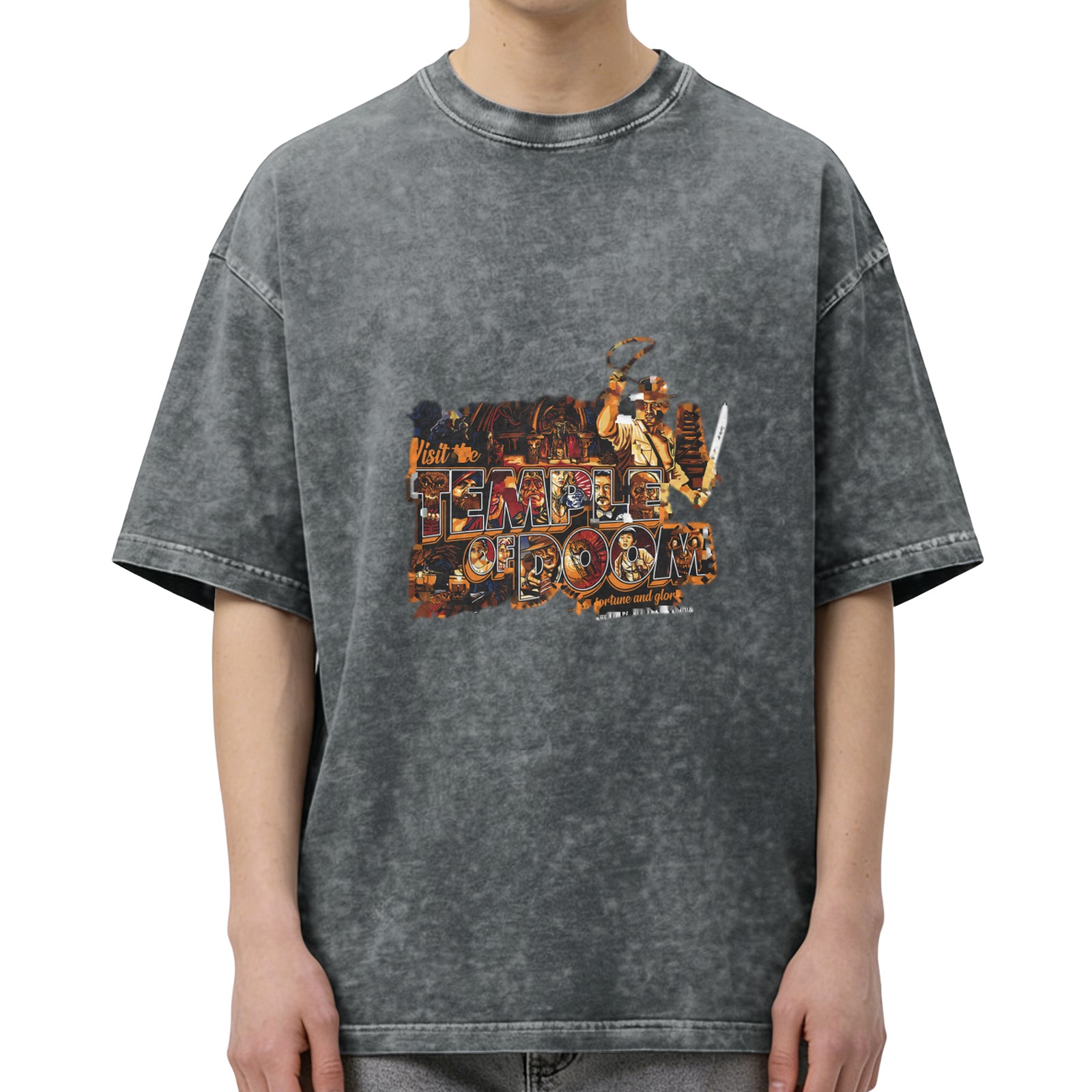 Washed Black Graphic Tee Featuring Temple of Doom Adventure Design