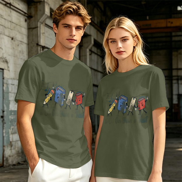 Olive Green T-Shirt with Cartoon School Supplies Graphic