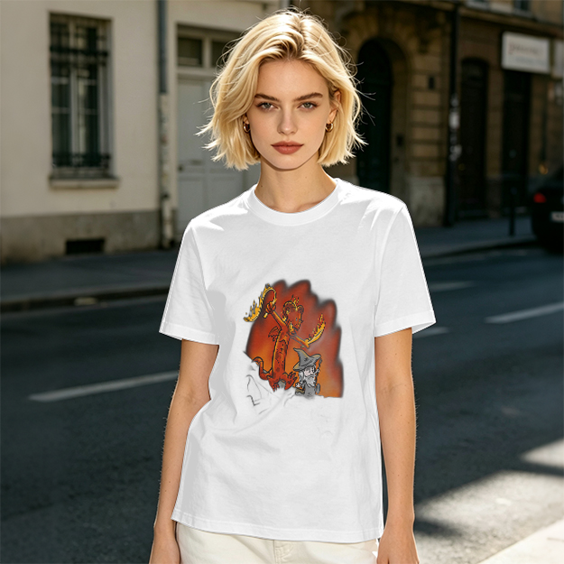 Olive T-shirt with Cartoon Demon and Wizard Fantasy Print