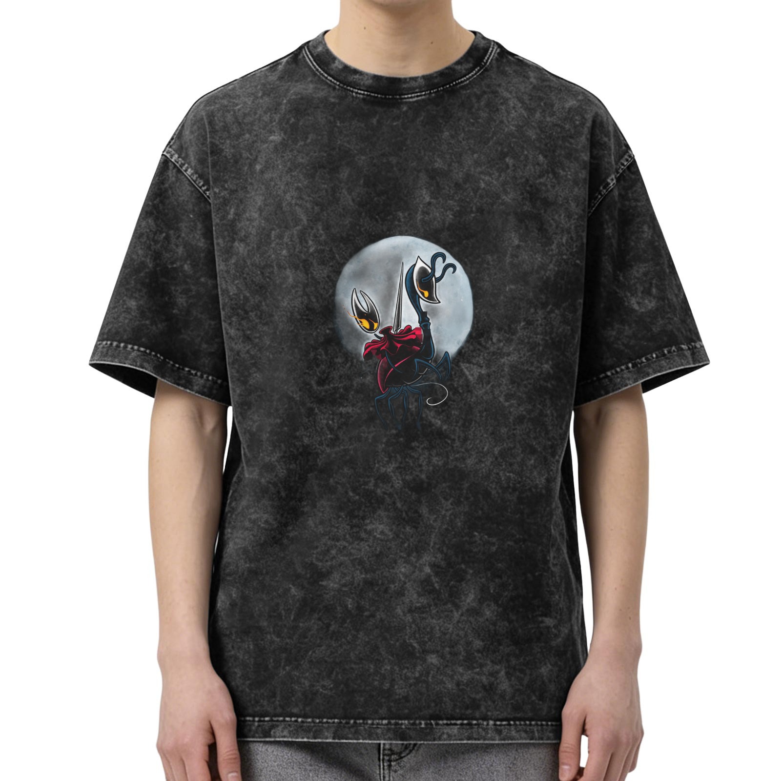 Washed Black Graphic T-Shirt with Moon and Stylized Creature Print