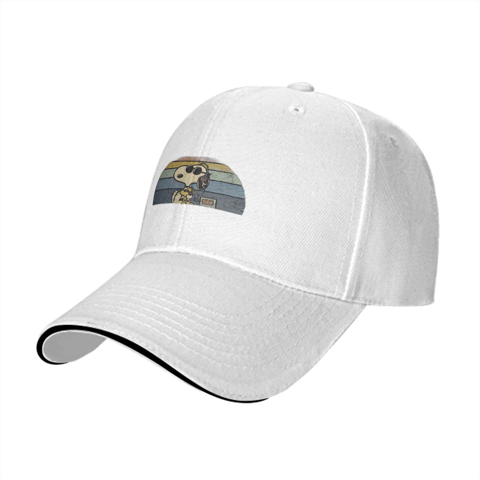 Black baseball cap with Snoopy retro sunset graphic