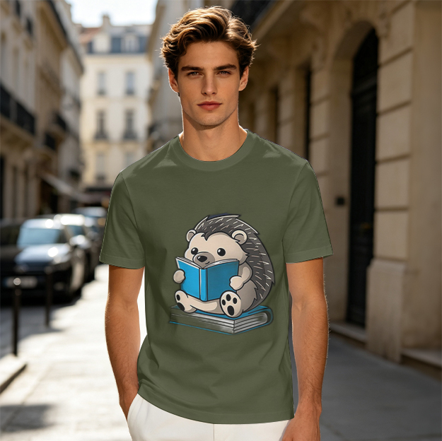 Olive T-shirt with Cute Hedgehog Reading a Book Graphic