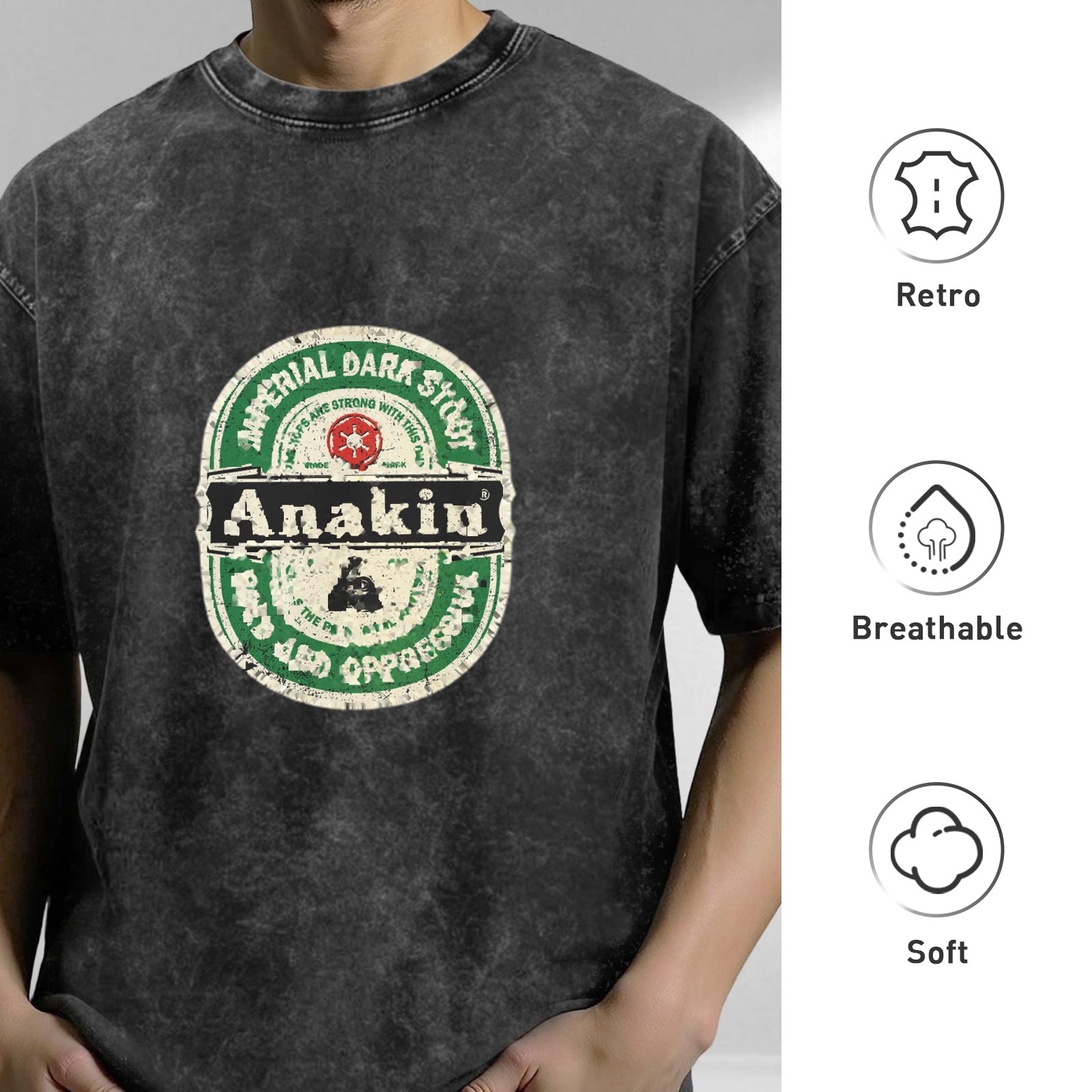 Distressed washed black Anakin themed printed short-sleeved T-shirt