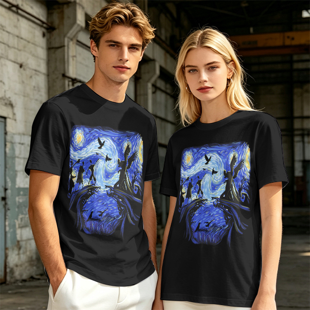 Olive T-Shirt with Starry Night Style Fantasy Art Print