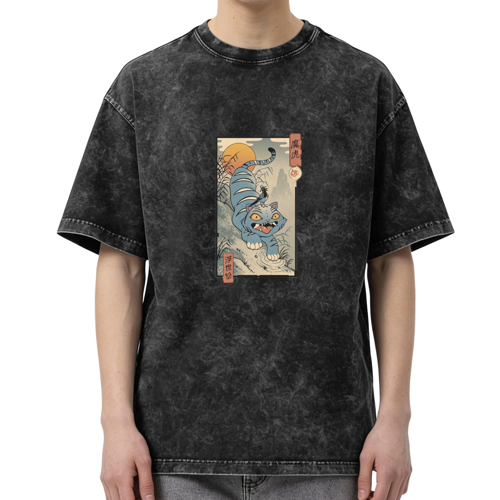 Washed distressed black loose short-sleeved T-shirt Ukiyo-e style blue tiger pattern printed top