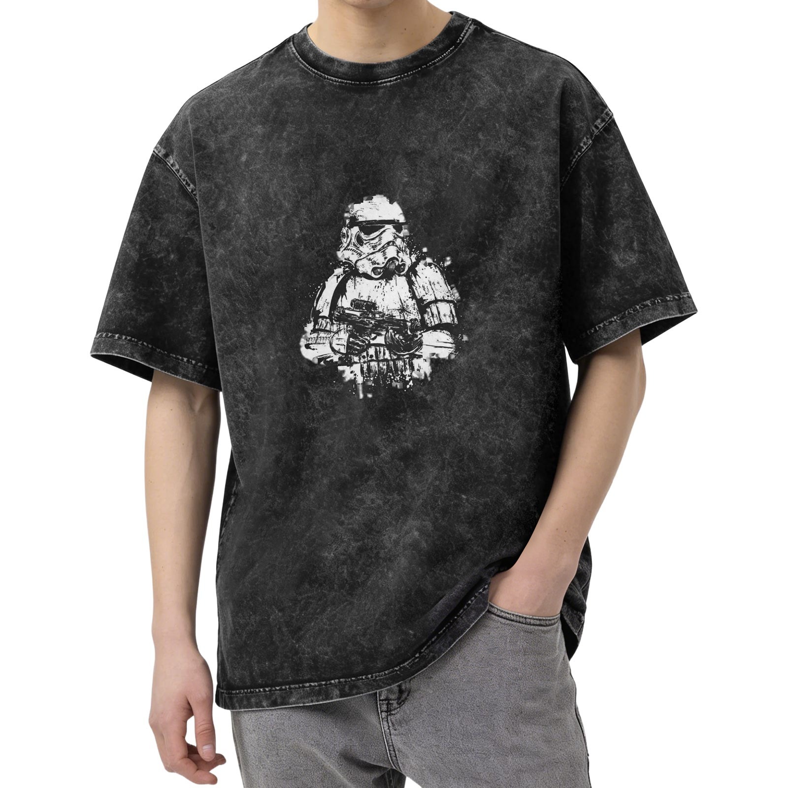 Oversized Acid Wash T-Shirt with Star Wars Stormtrooper Graphic