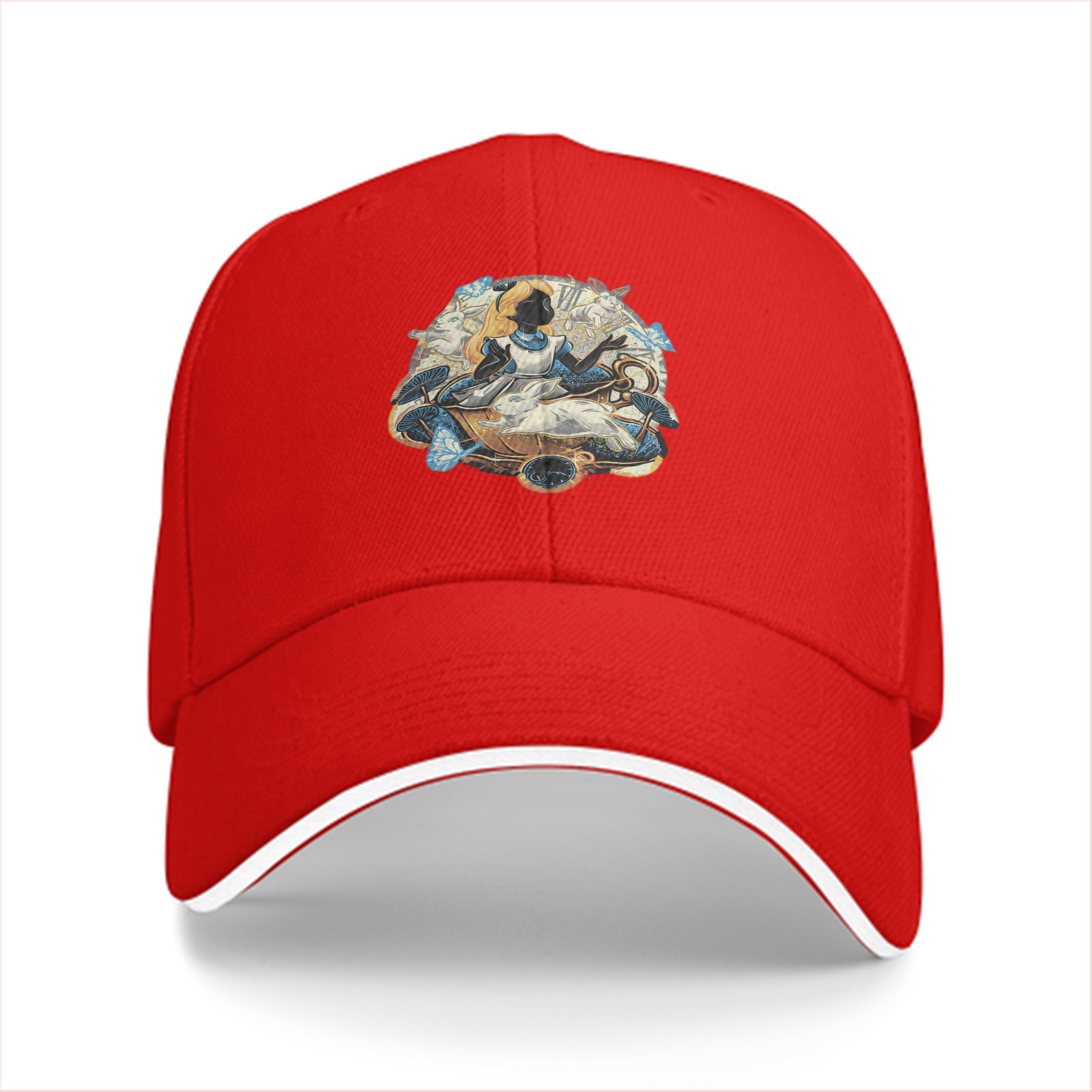 Black baseball cap with Alice in Wonderland themed graphic