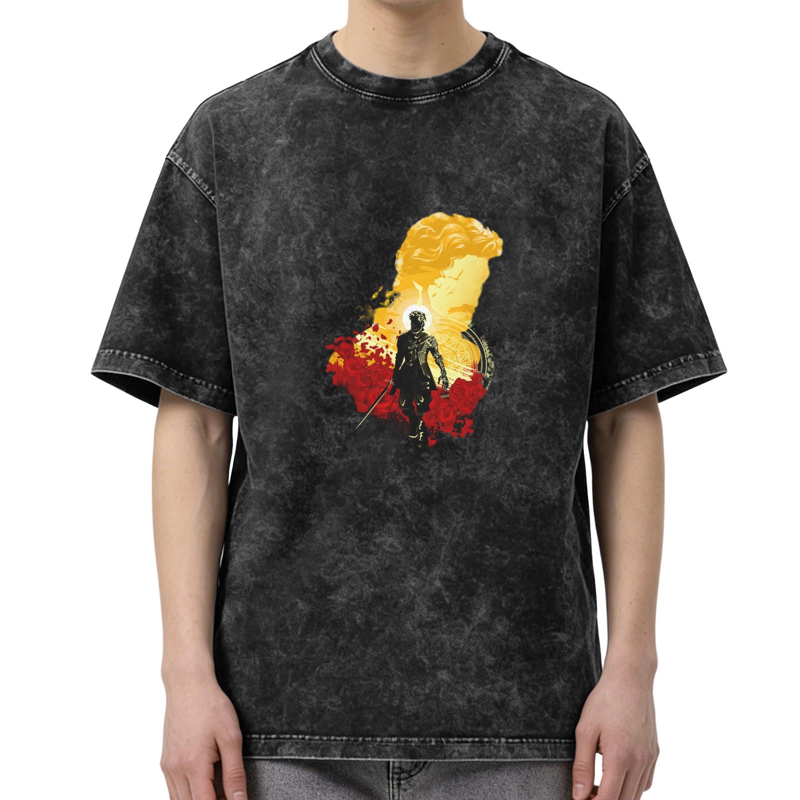 Washed black graphic t-shirt with warrior and classical bust art