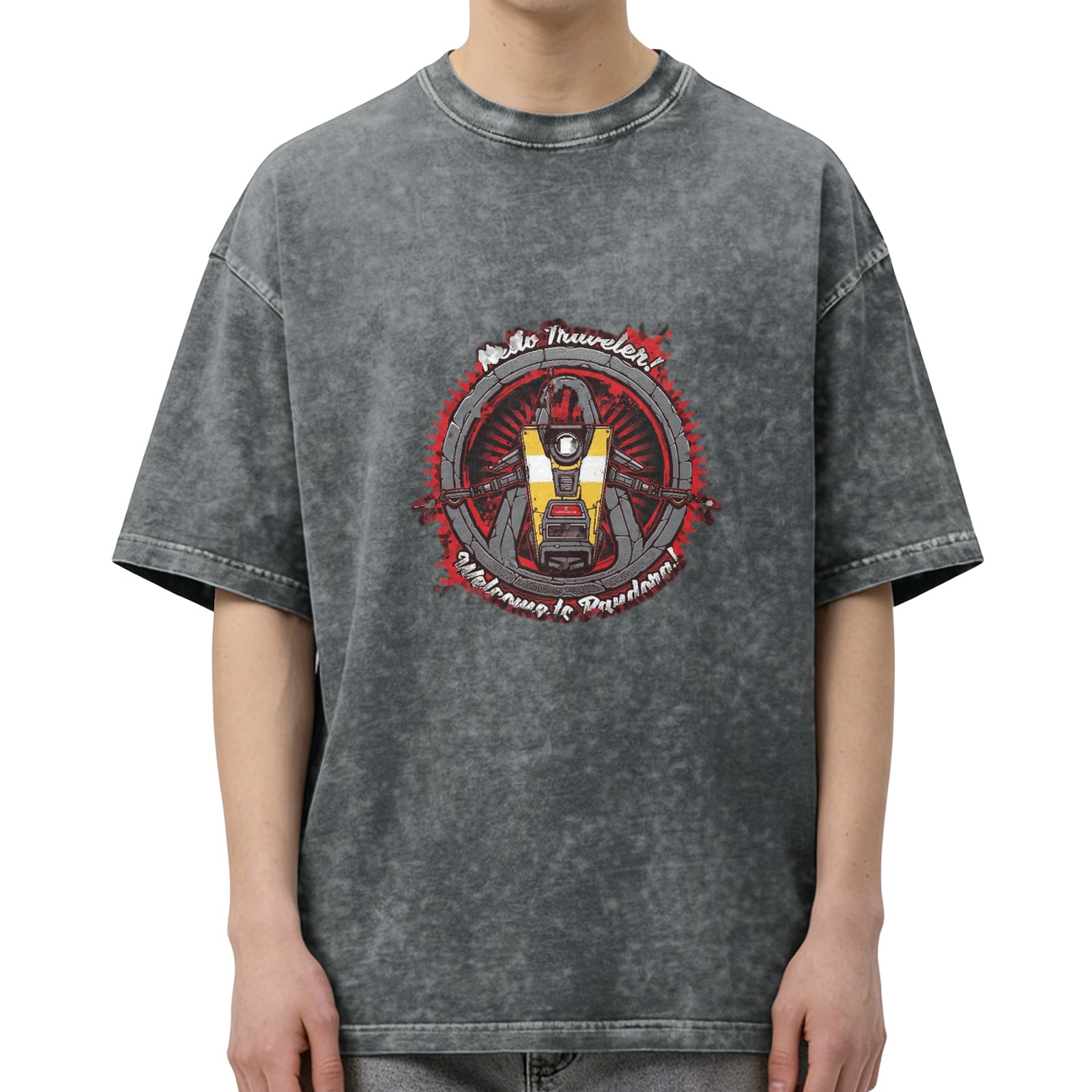 Borderlands Claptrap 'Hello Traveler! Welcome to Pandora!' Acid Wash Oversized T-Shirt