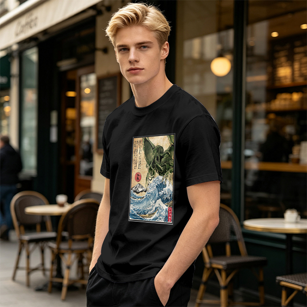 Olive T-shirt with Japanese ukiyo-e style Cthulhu wave print