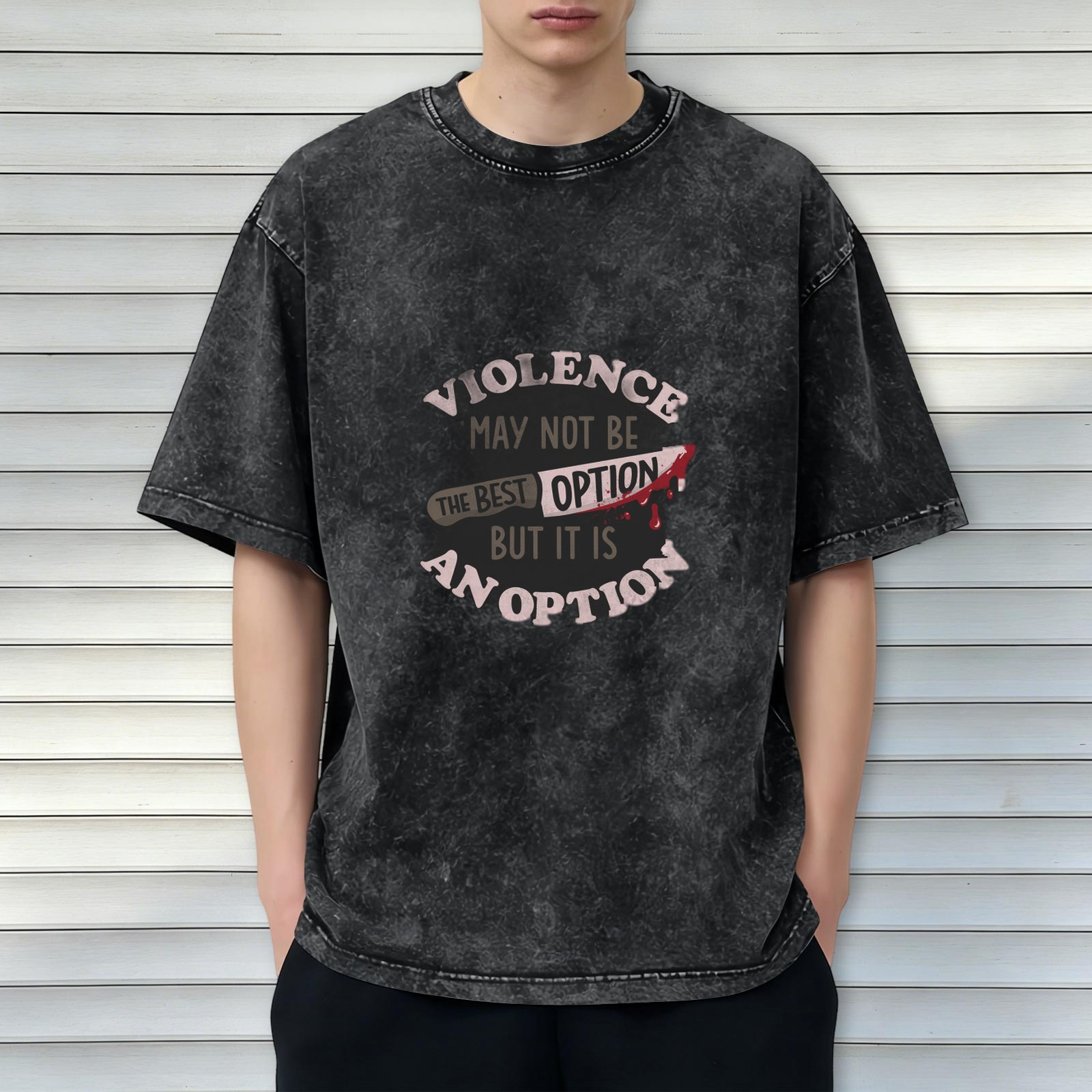 Oversized acid wash graphic tee with violence is an option print