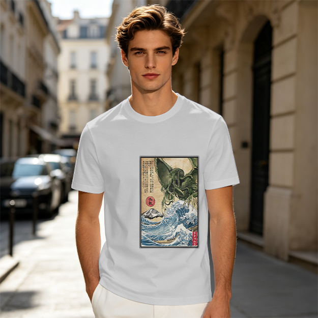 Olive T-shirt with Japanese ukiyo-e style Cthulhu wave print