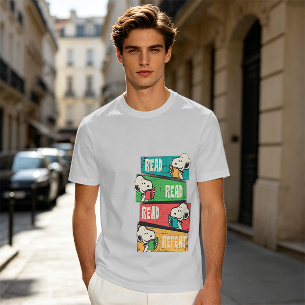 Olive T-Shirt with Snoopy Read Repeat Reading Graphic