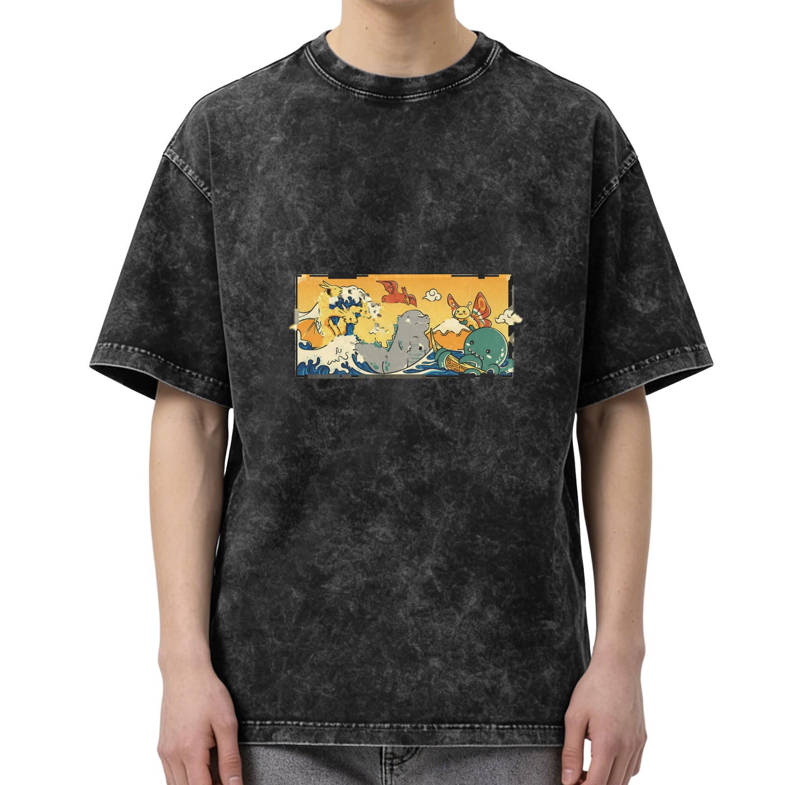 Washed Black Oversized T-Shirt with Cute Monster Wave Graphic
