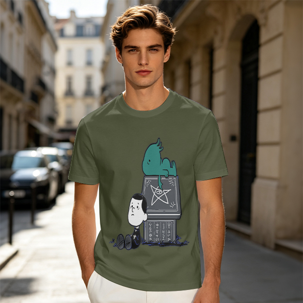 Olive T-shirt with Sad Cartoon Man, Green Monster and Occult Book Print