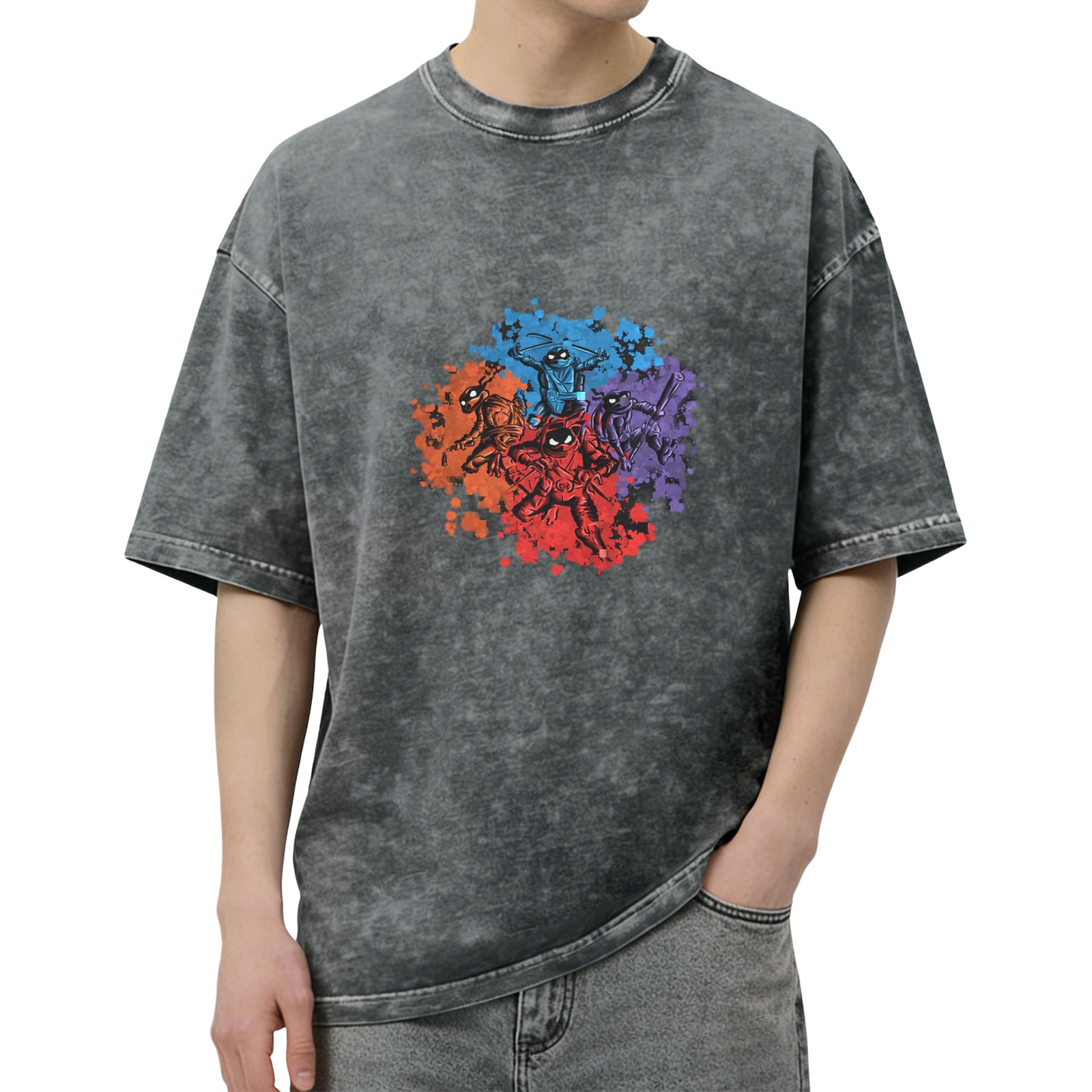 Washed Black T-Shirt With Ninja Turtle Splatter Graphic