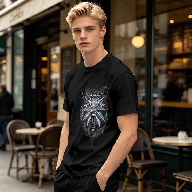 Olive Green T-Shirt With Witcher Wolf Medallion Graphic