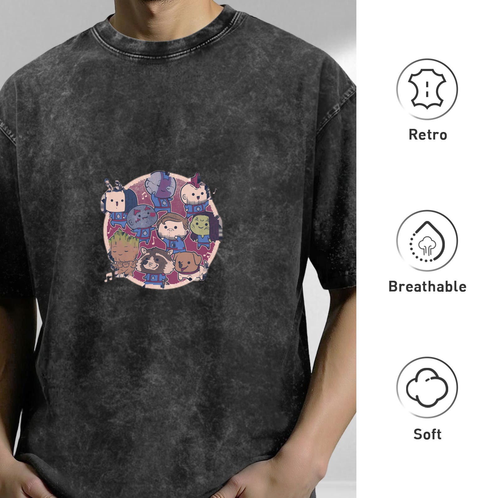 Washed black graphic t-shirt with chibi guardians of the galaxy print