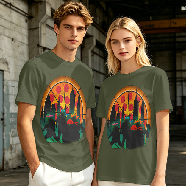 Olive T-Shirt With Ninja Turtles Pizza City Silhouette Print