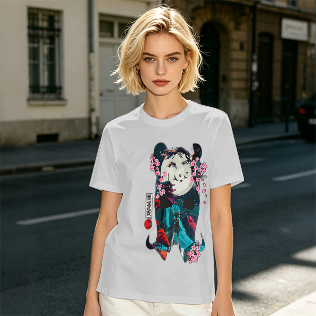 Olive T-shirt with Japanese-inspired moon and cherry blossom graphic