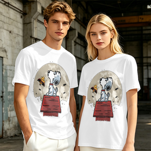 Snoopy and Woodstock on Doghouse Under Full Moon T-Shirt
