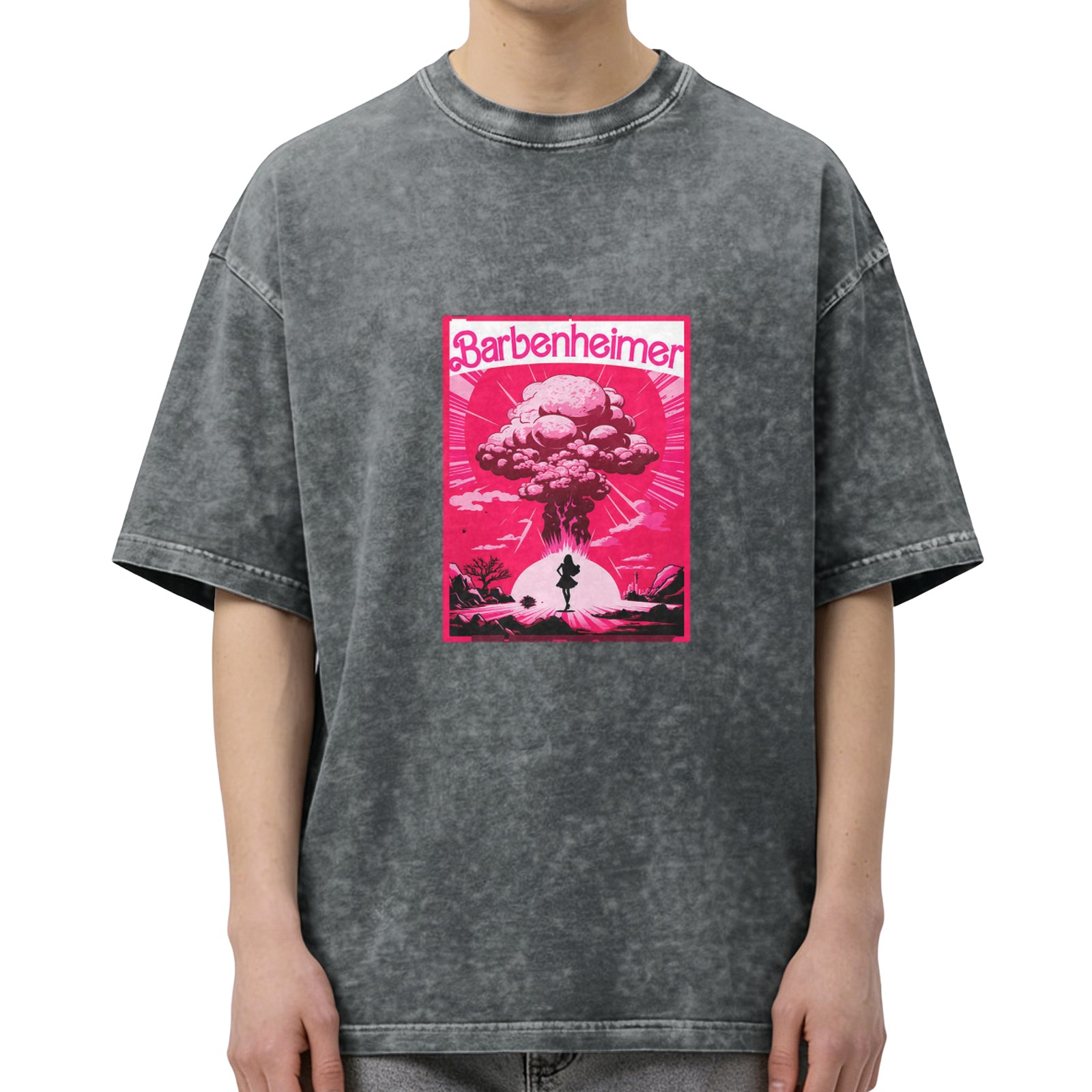 Barbenheimer Mushroom Cloud Graphic on Acid Wash Black T-Shirt