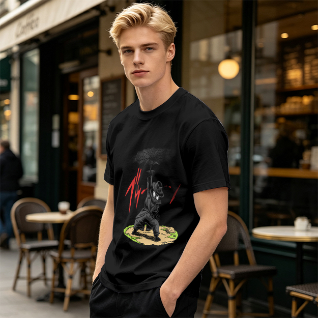 Olive T-shirt with Dark Umbrella-Wielding Character Graphic