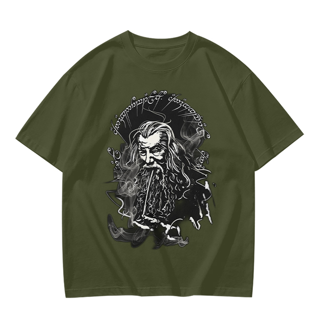 Olive T-Shirt with Wizard Smoking Pipe Fantasy Art Print