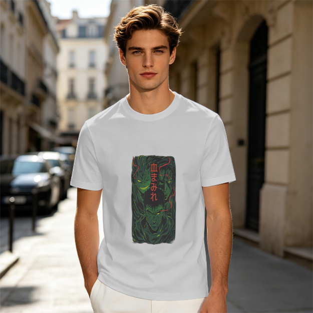 Olive anime graphic t-shirt with three dark fantasy characters