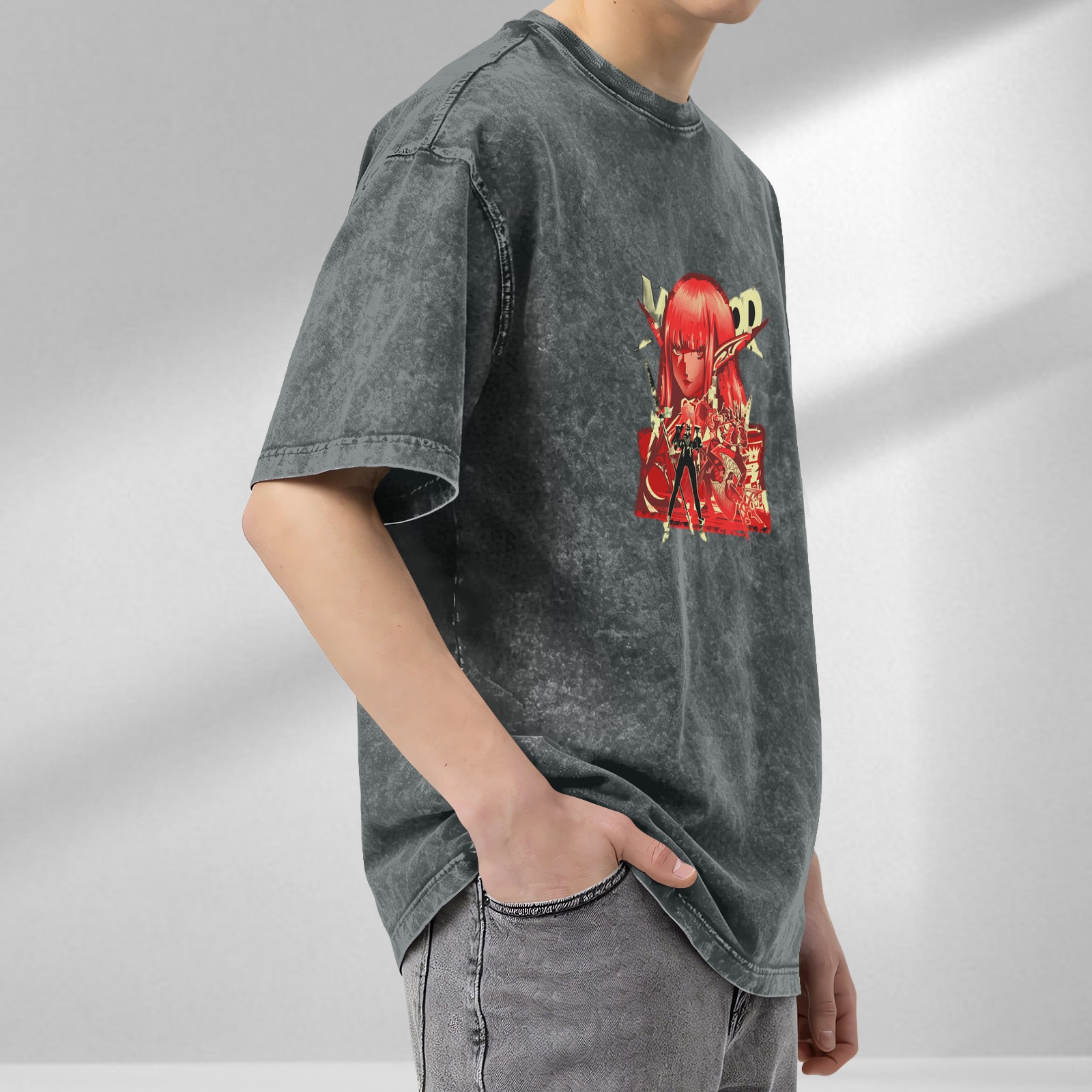 Oversized Acid Wash T-Shirt with Anime Elf Warrior Graphic Print