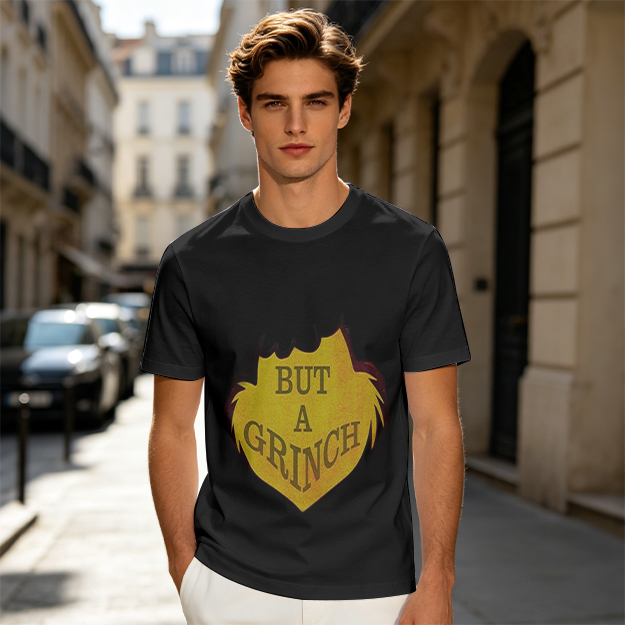 Olive green t-shirt with 'But A Grinch' graphic print