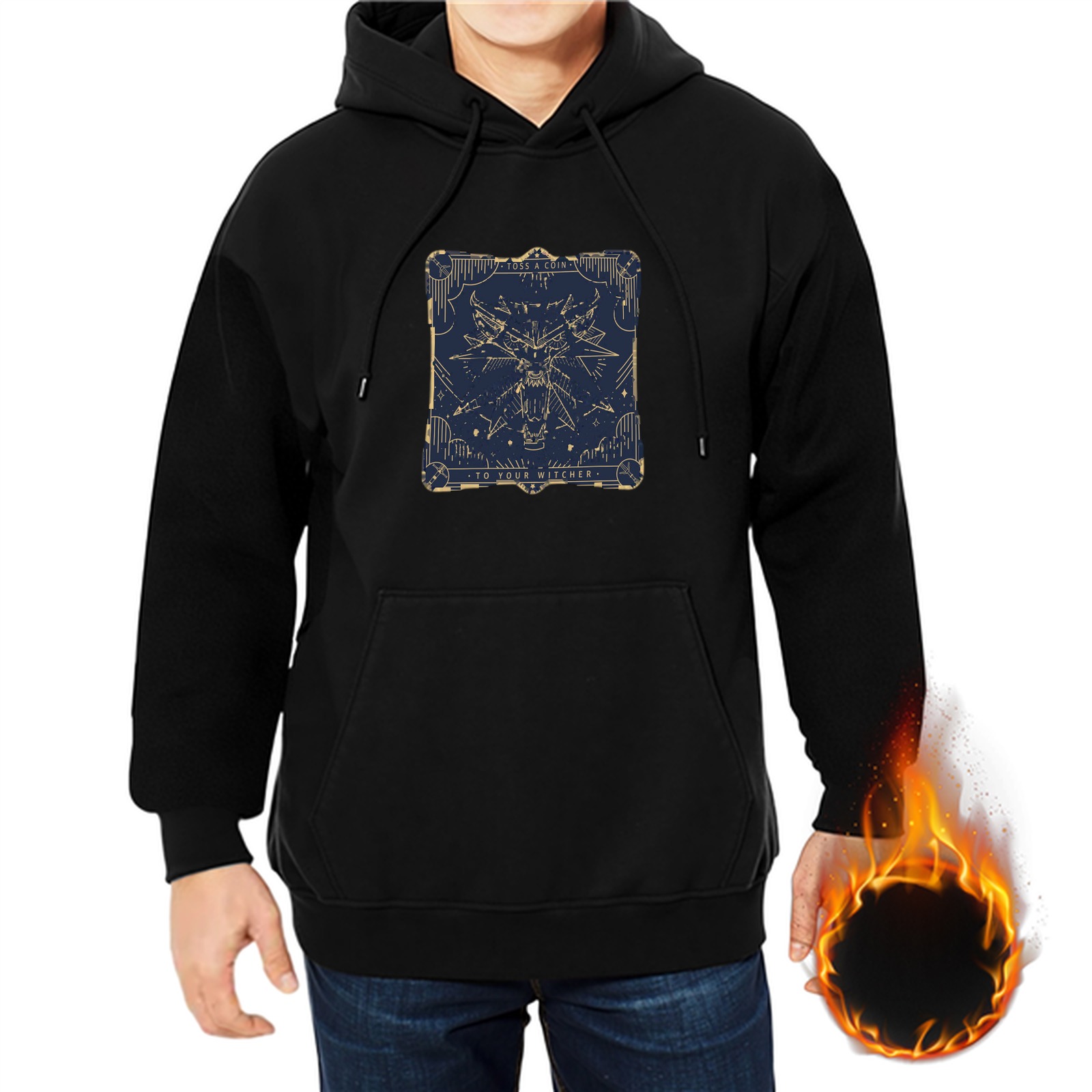 Black Hoodie With Witcher Wolf Emblem Artwork