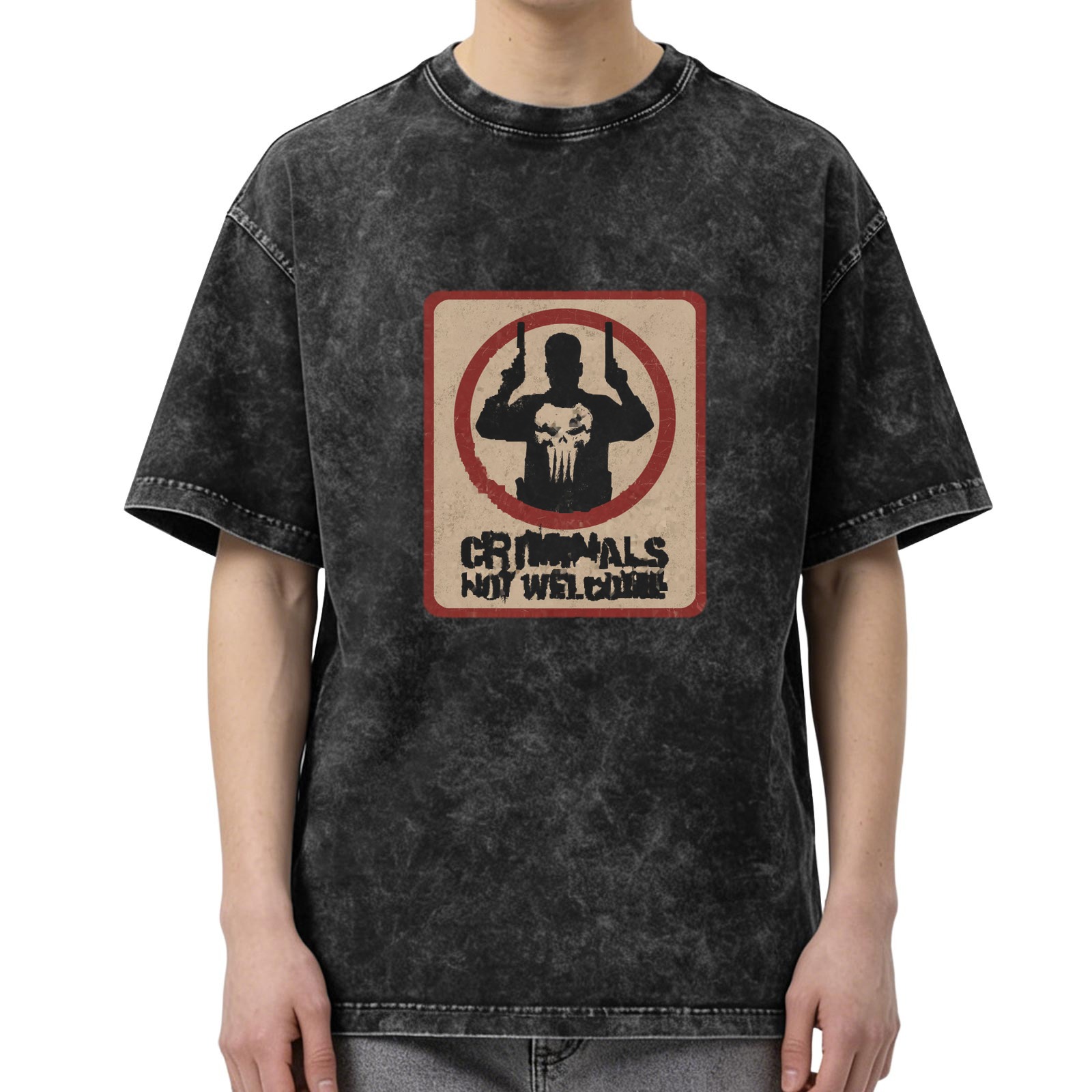 Washed black t-shirt with Punisher criminals not welcome graphic