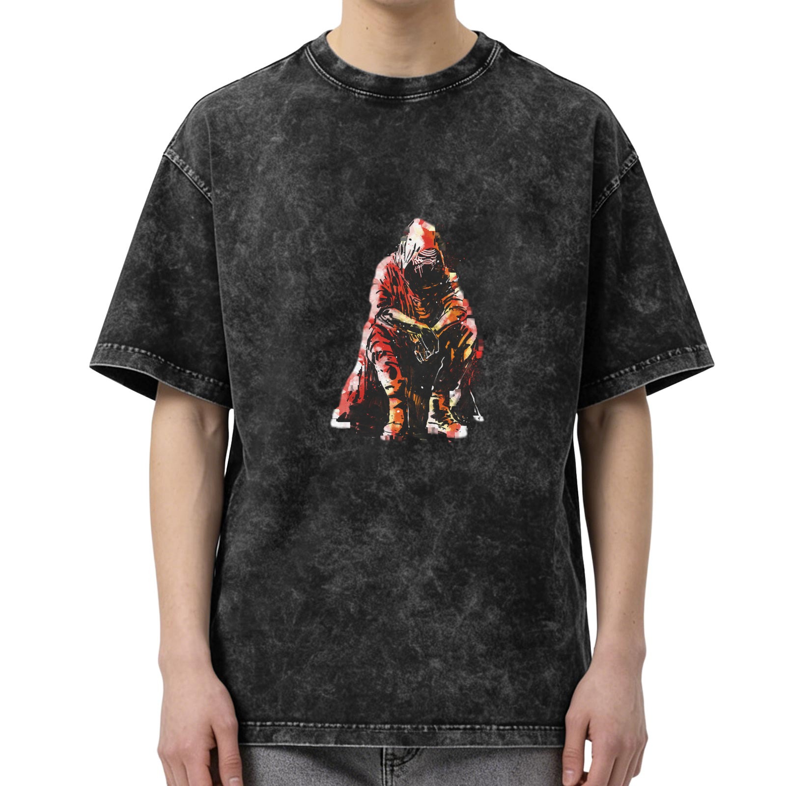 Oversized Acid Wash T-Shirt With Hooded Figure Graphic