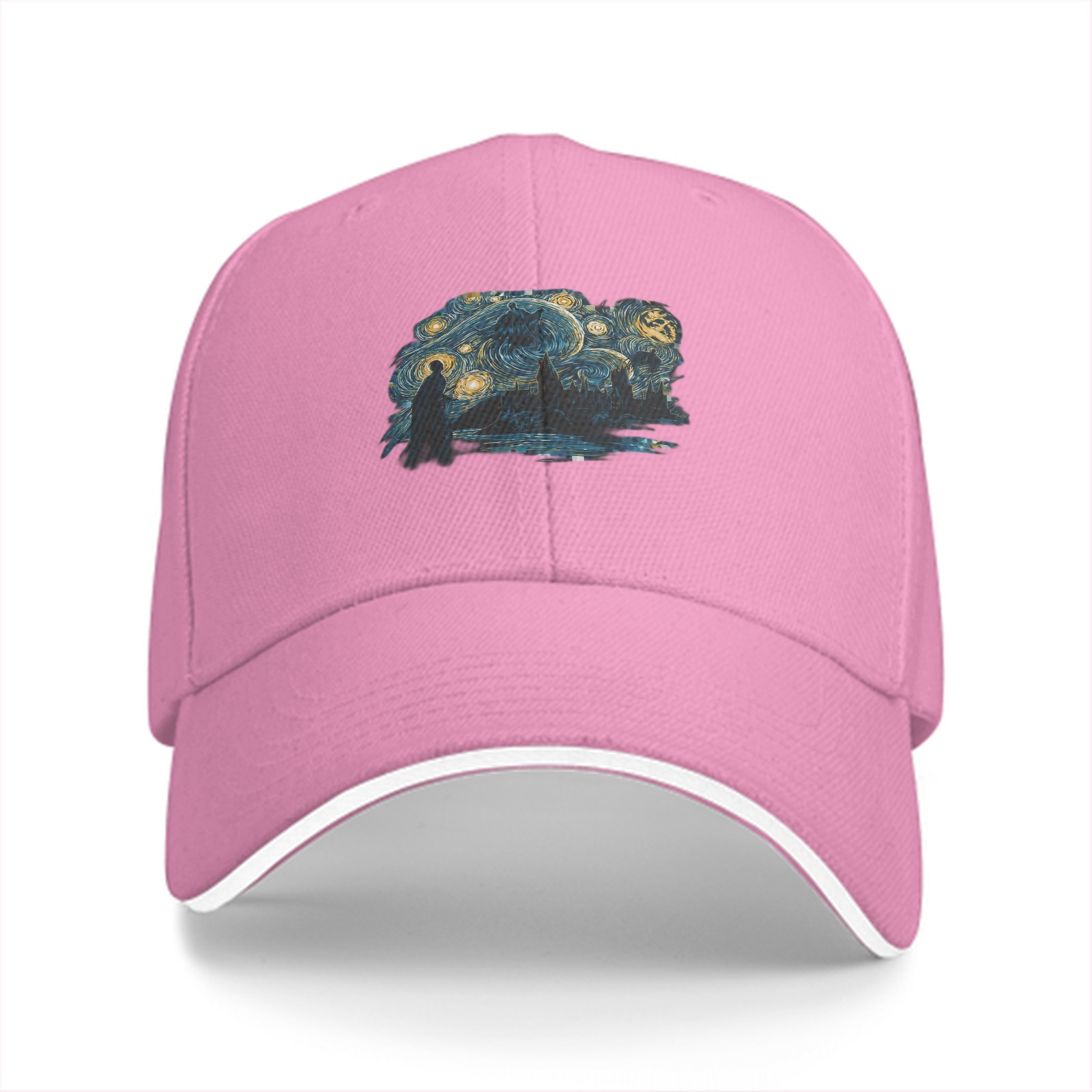 Black baseball cap with Starry Night inspired artistic print